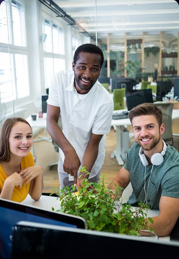A team collaborating at their desks